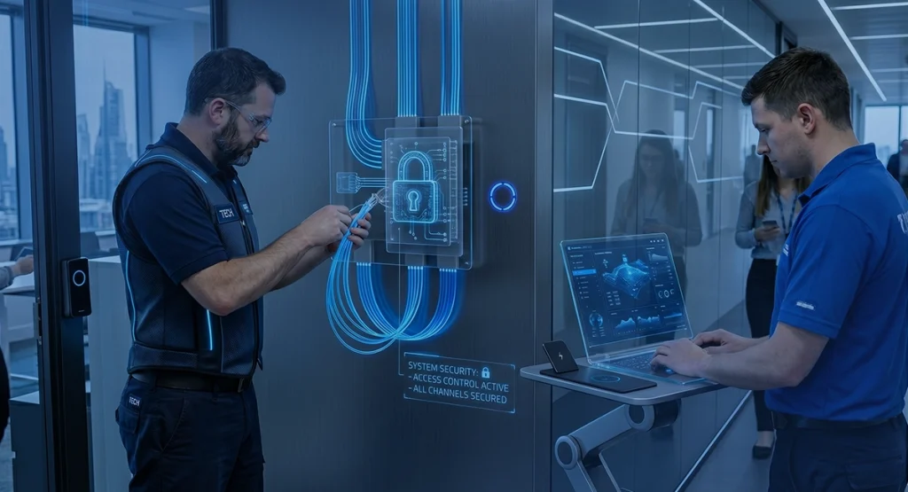 Technicy modernizują system kontroli dostępu, konfigurując zabezpieczenia drzwi i monitoring dostępu