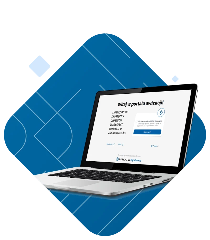 Laptop z portalem awizacji UNICARD Systems i formularzem zgody RODO dla gości