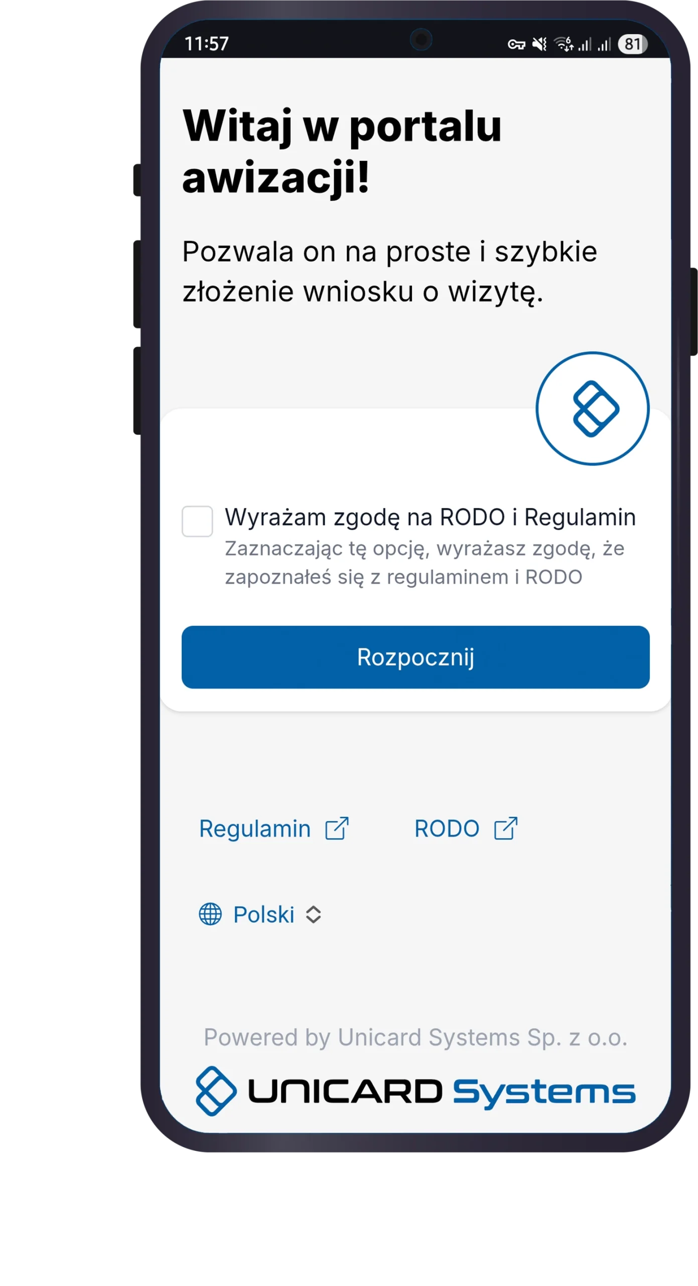 Ekran smartfona z portalem awizacji UNICARD Systems do składania wniosku o wizytę